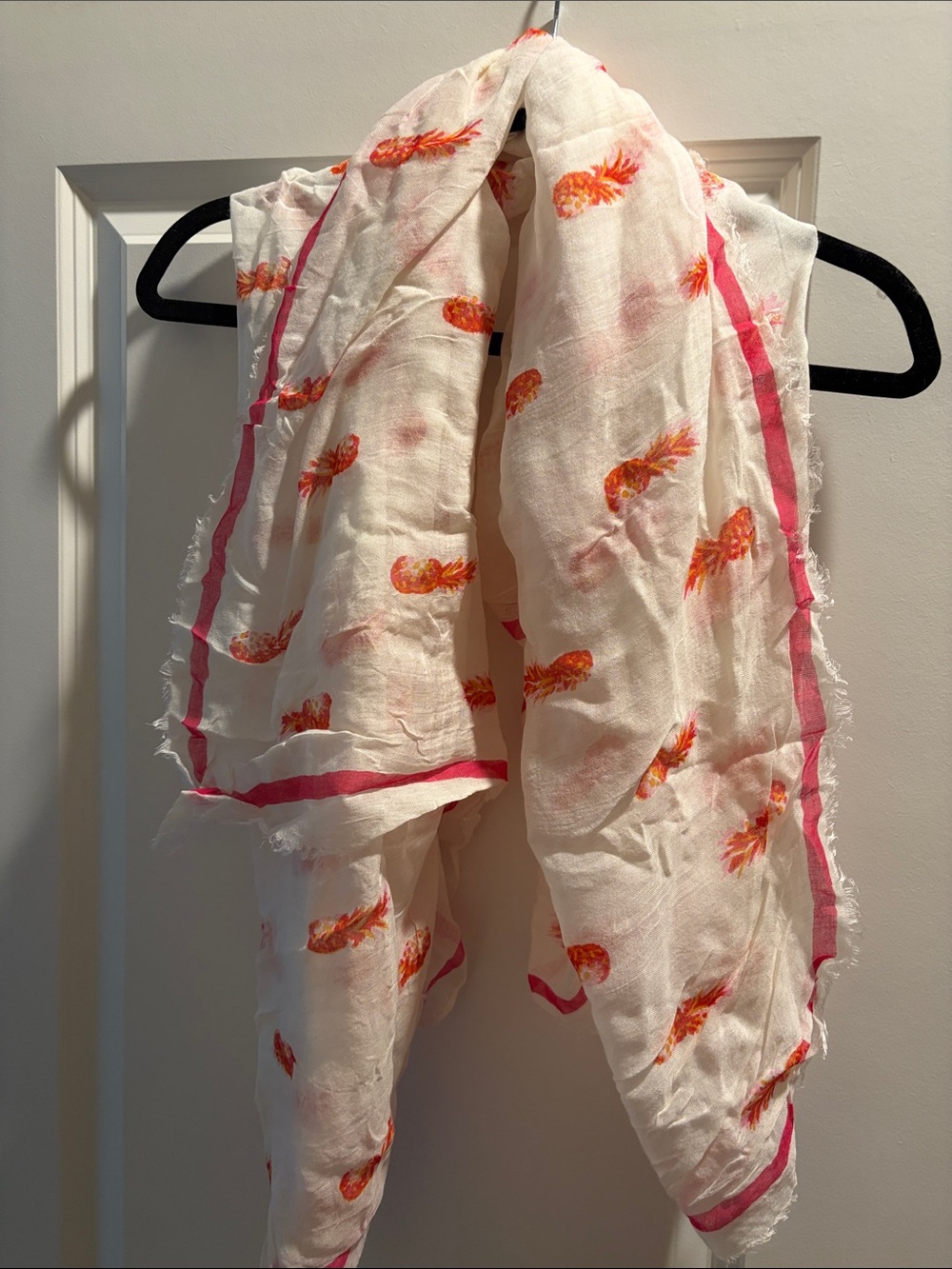Banana Republic White Scarf with Orange Pineapple Motif and Pink Trim